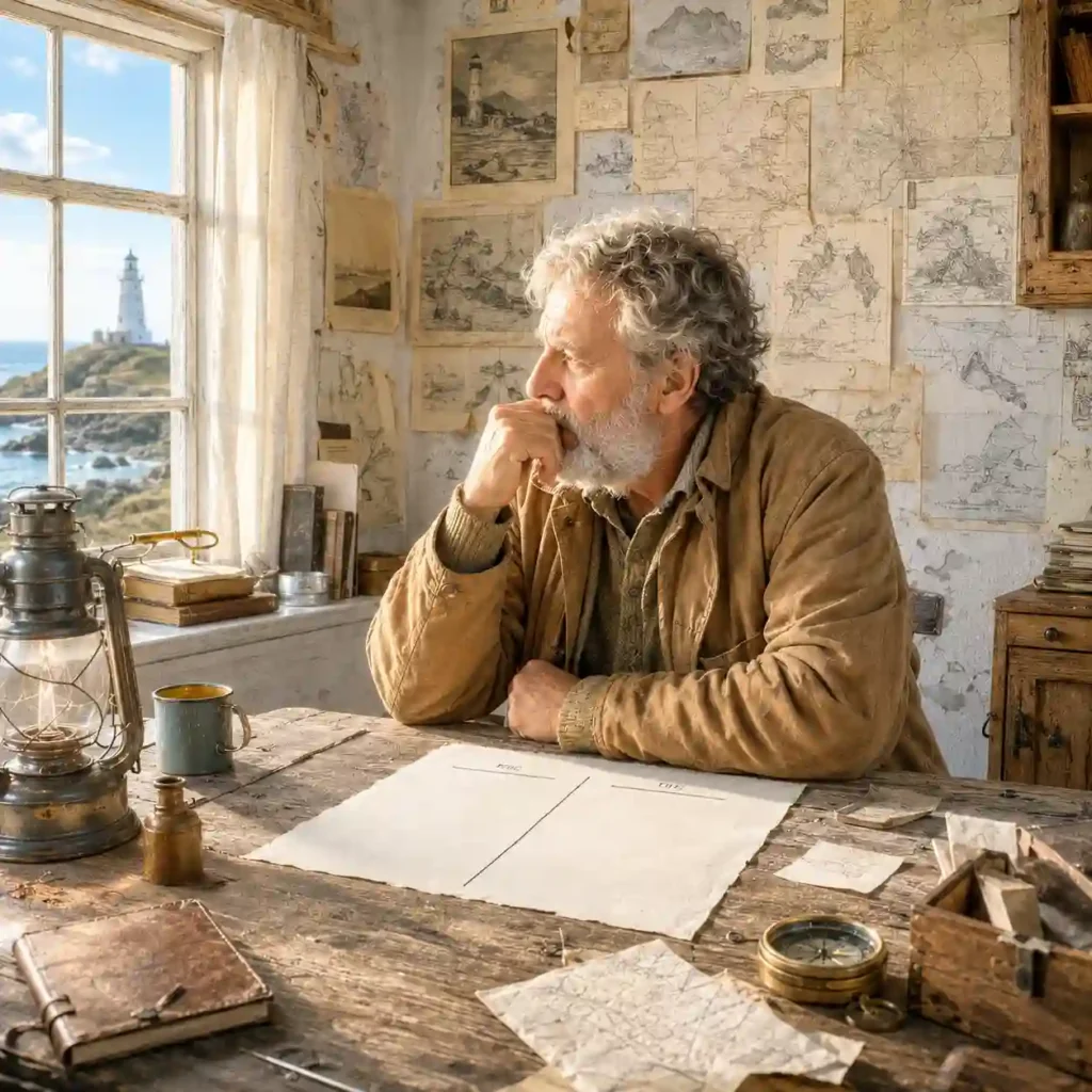 Elías est assis dans la maison du phare, devant une feuille divisée en deux colonnes, entouré de cartes et de souvenirs de voyages non réalisés.