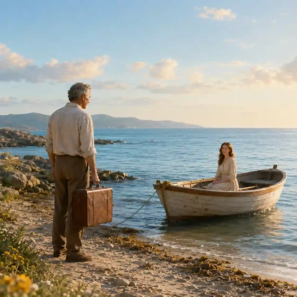 Elías, plus âgé, se tient sur la plage avec une valise, face à Mara assise dans une barque près du rivage.
