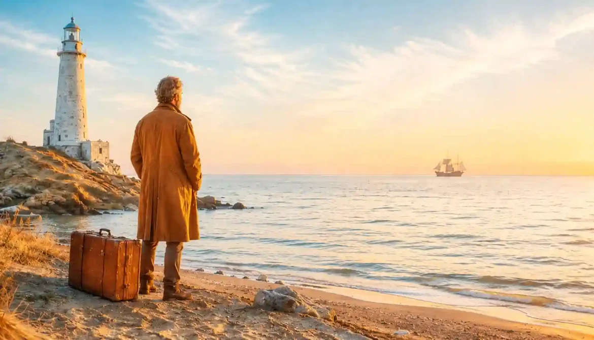 Un homme avec une valise regarde un bateau au loin, près d’un phare, au bord de la mer.